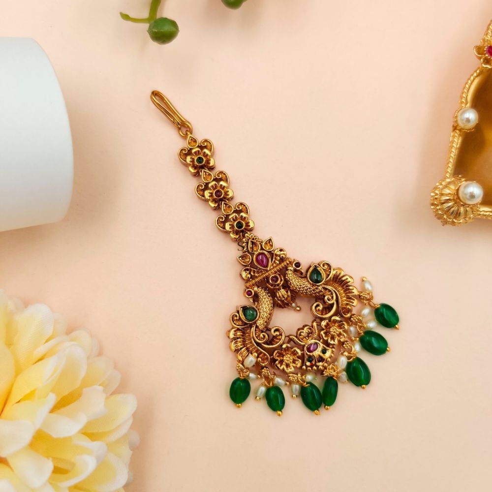 Gold Finish Green Beaded Dual Peacock Tikka