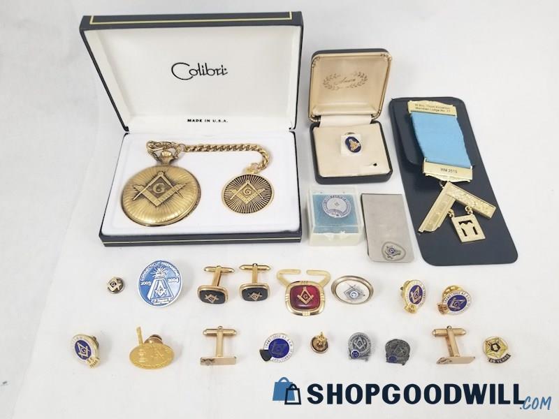 Freemason Masonic Memorabilia Pins+ W/ Vintage, Sterling Silver, Money ...