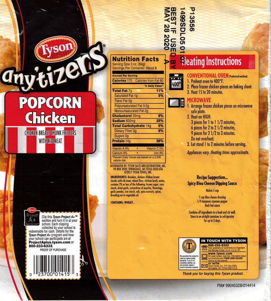 Tyson Anytizers Popcorn Chicken nutrition, cooking instructions, ingredients