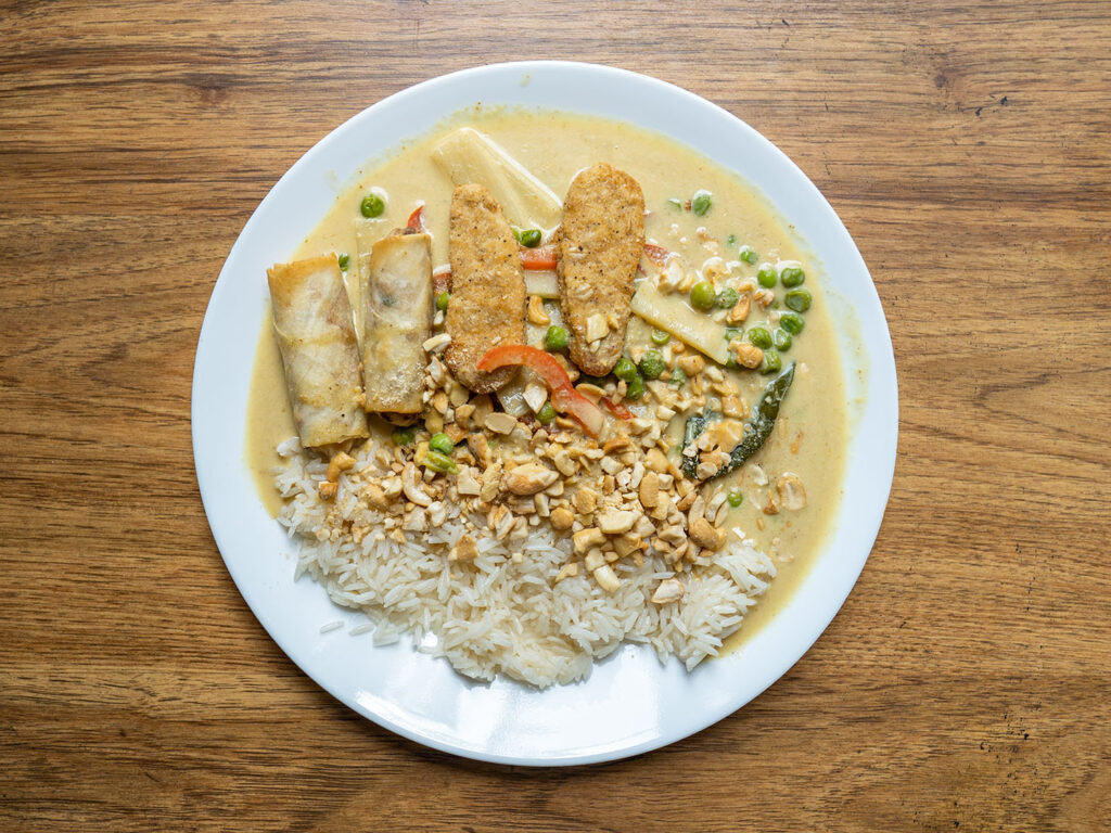 Thai yellow curry with Royal Asia spring roll and Gardein seven grain tender