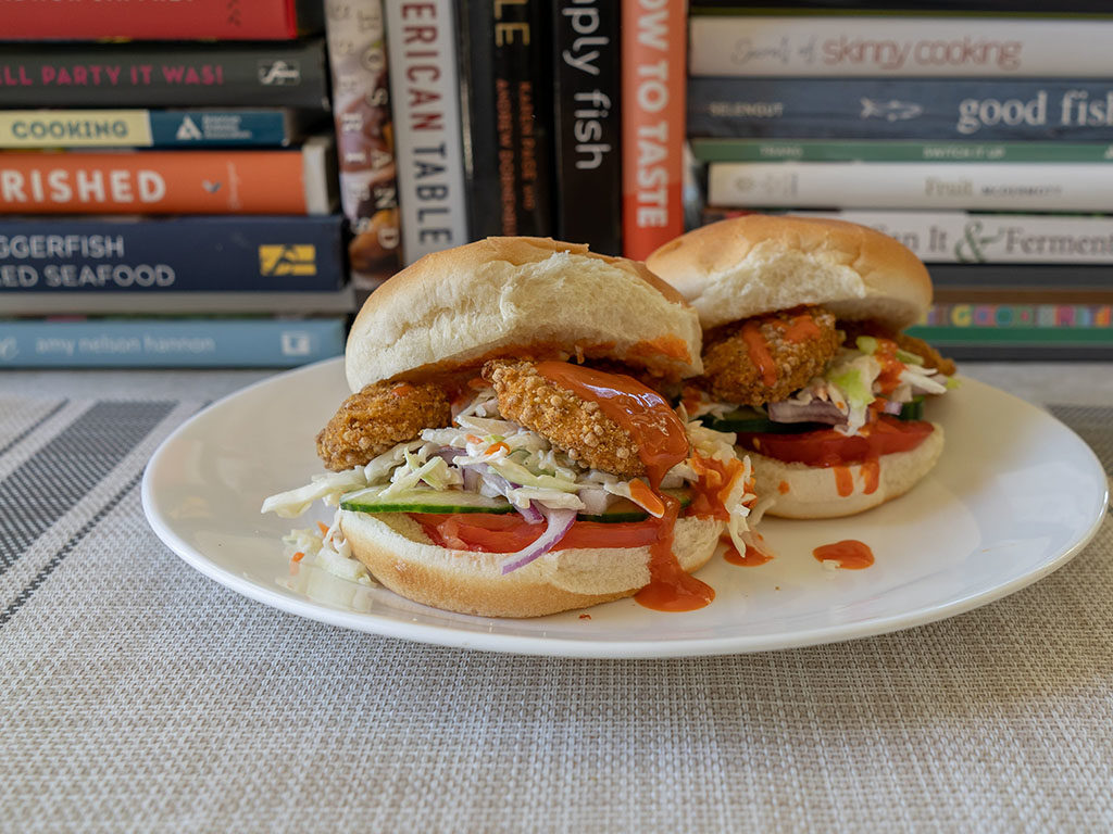 Tyson Naturals Breaded Nuggets on bun with buffalo sauce