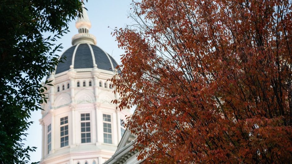 Jesse Hall dome with tree with fall colors