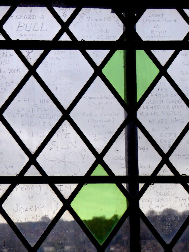 Engraved window panes in Salisbury Cathedral, Salisbury,Wiltshire, England