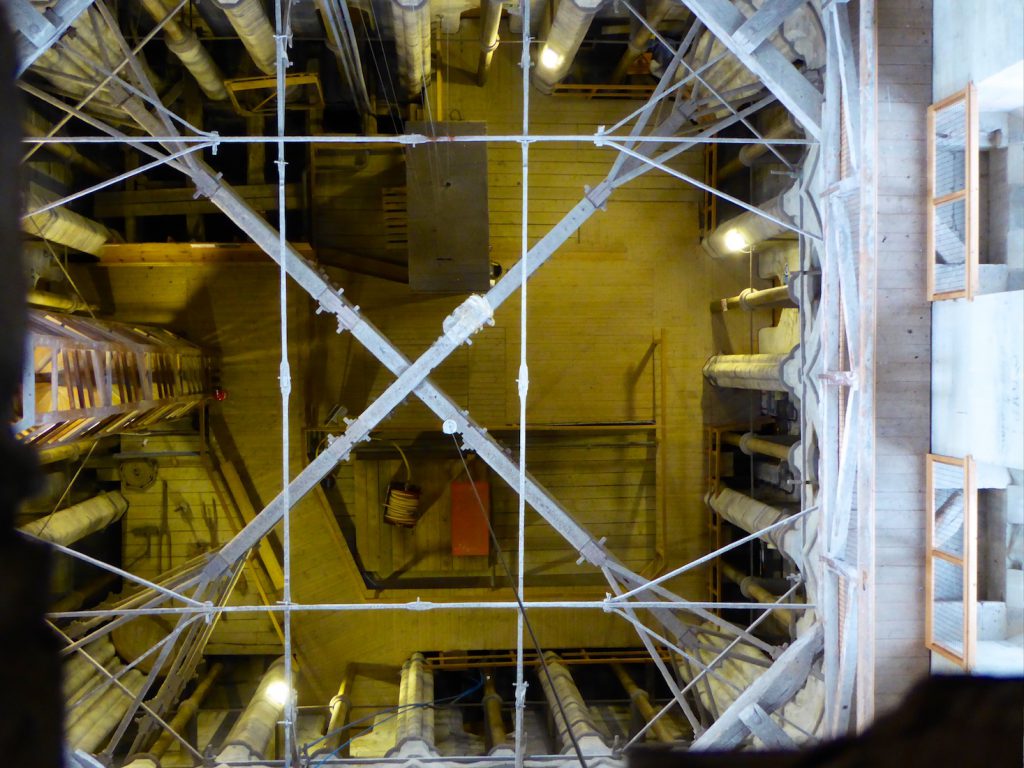 Salisbury cathedral a view down the tower of medieval structure & scaffolding