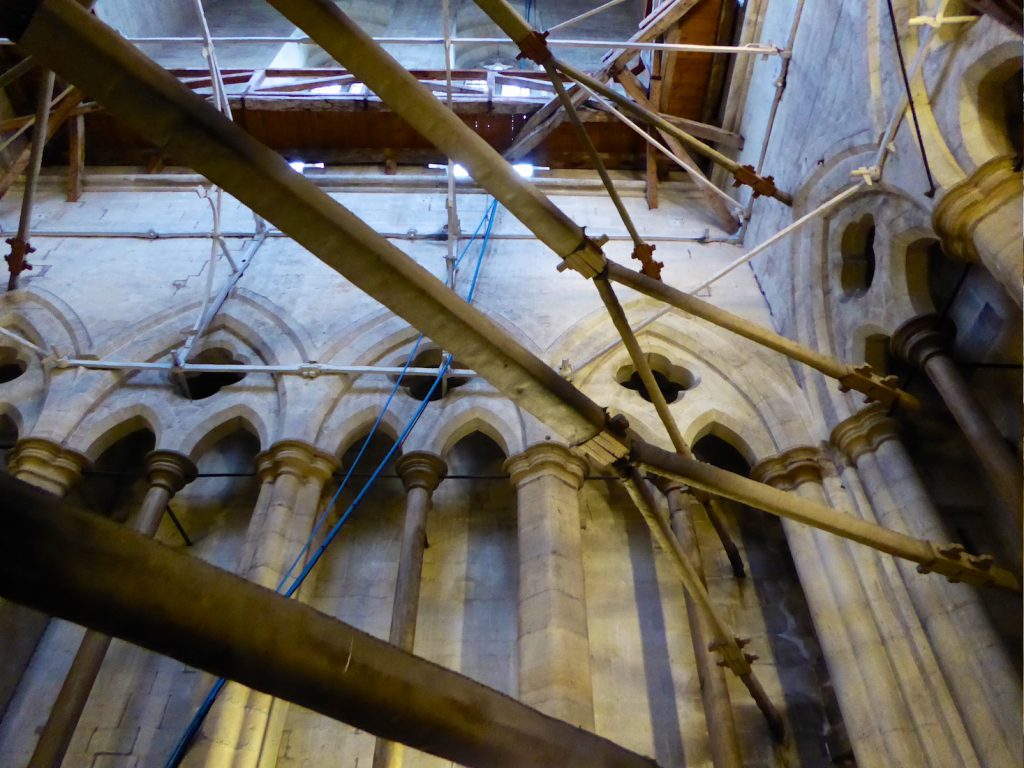 Salisbury cathedral medieval tower scaffolding, Salisbury, Wiltshire, England