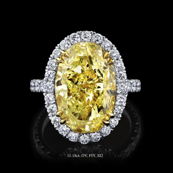 11.18 CT OVAL MODIFIED BRILLIANT CUT FANCY INTENSE YELLOW DIAMOND RING - #R9007