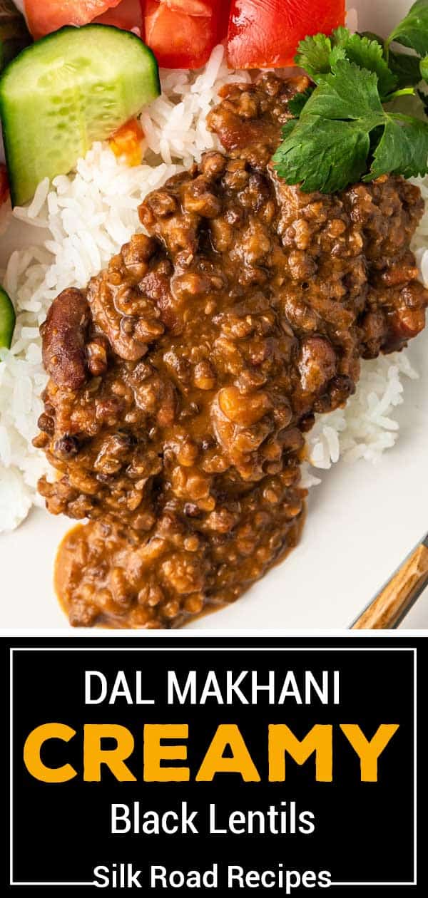 titled image "creamy black lentils" shows black dal spooned over rice with cucumber and tomato