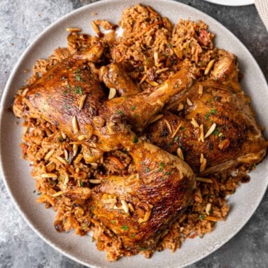 overhead: plate of crispy, golden kabsa