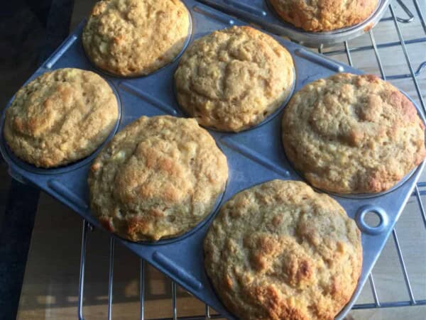 fresh baked muffins made with kodiak pancake mix in 6 cup muffin tin from above