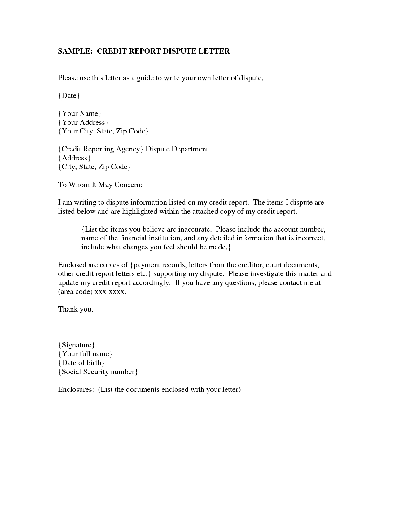 Dispute Credit Inquiry Removal Letter Template