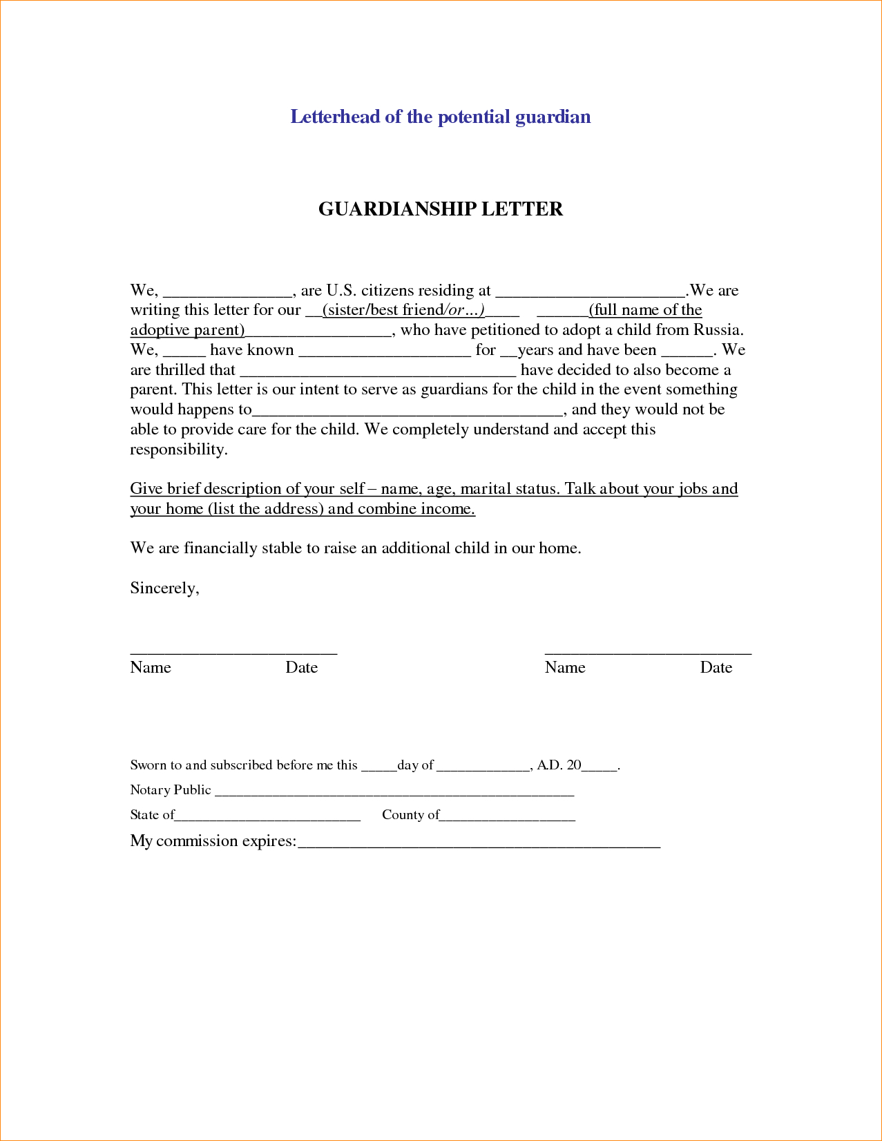 Notarized Letter Of Guardianship Sample