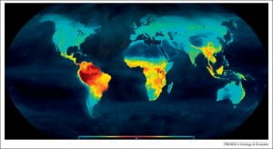 Image of a map with areas ranging from blue to deep red to indicate areas under threat by climate change. Latin America, Sub-saharan Africa, and Southeast Asia are the most threatened. 