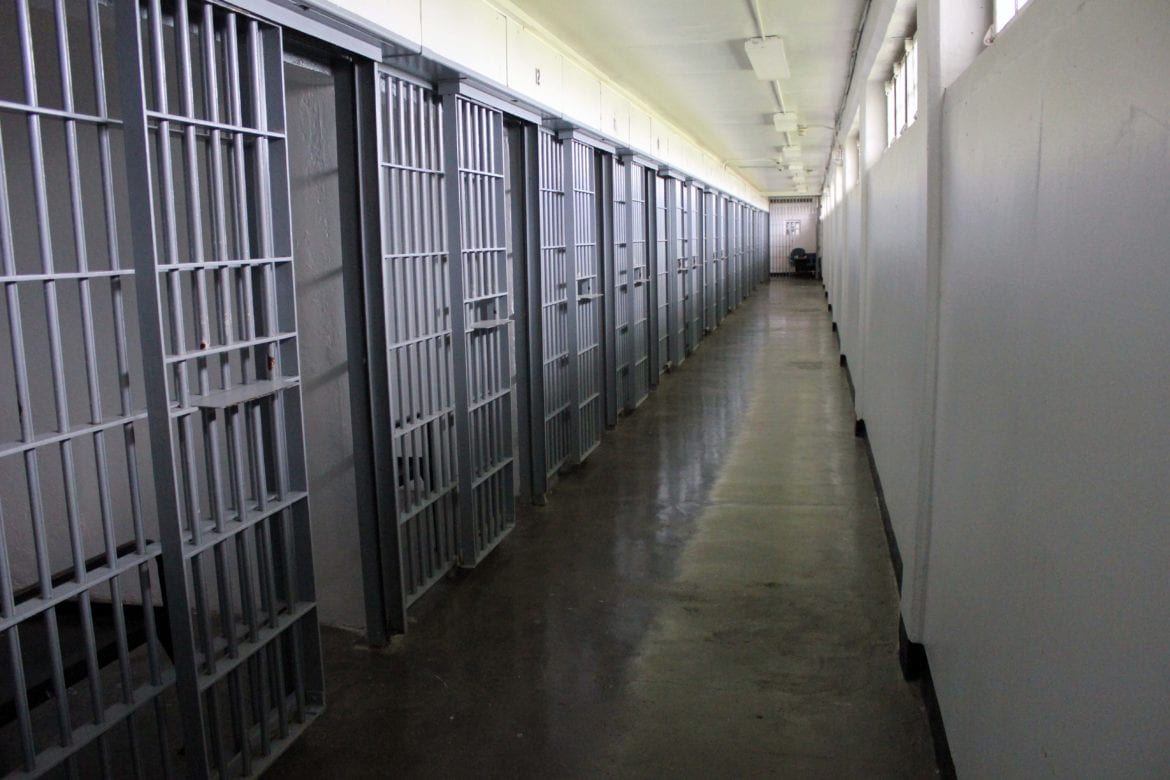 A row of open prison cells alongside a wall. They are made of gray bars and have sliding doors.