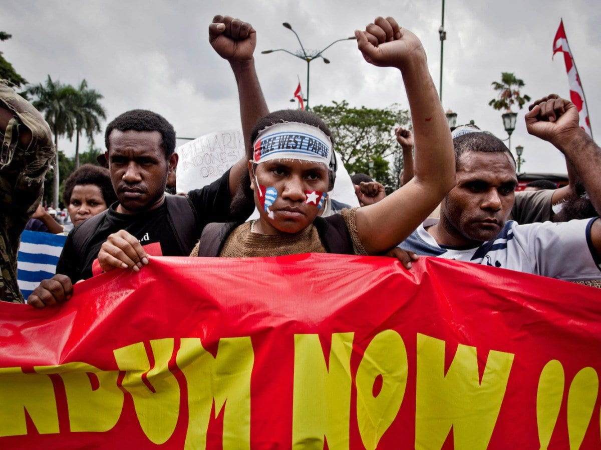 Protestors holding flag and raising their fists 