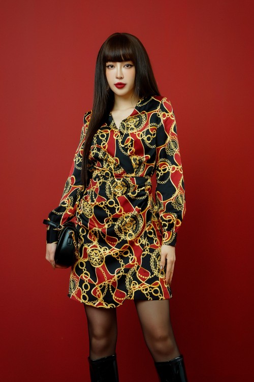 Black Chain Print Wraparound Mini Silk Dress