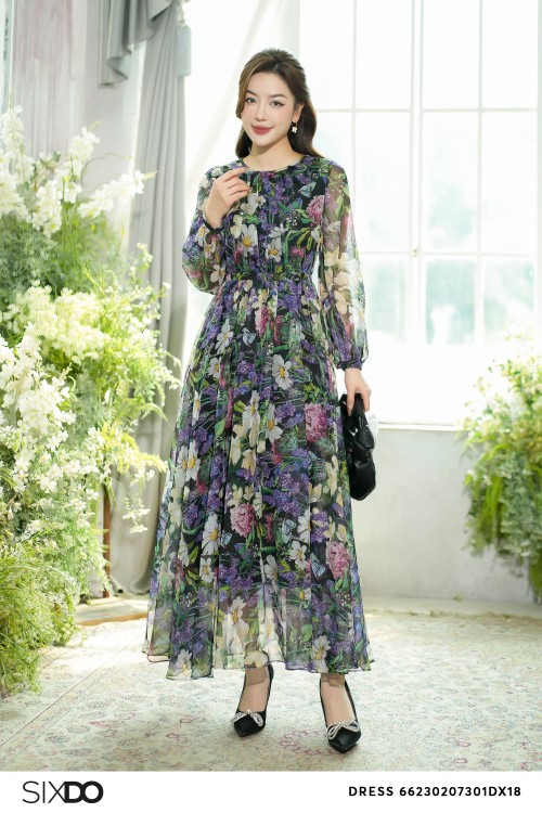 Black Floral Bishop Sleeves Maxi Voile Dress