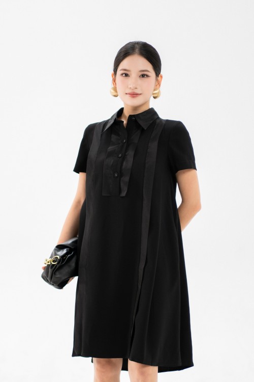 Black Trapeze Mini Silk Dress