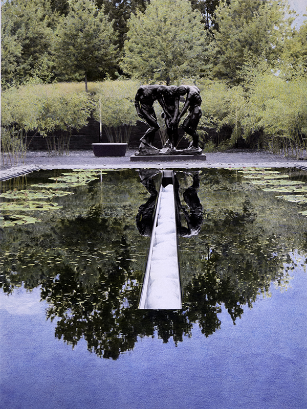 The Three Shades by Rodin at the NC Museum of Art overlooks a reflecting pool with lily pads