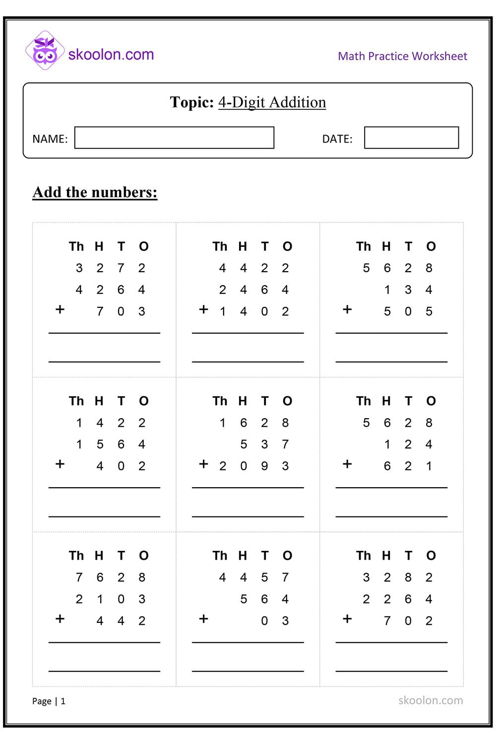 4 digit addition worksheet Archives - skoolon.com