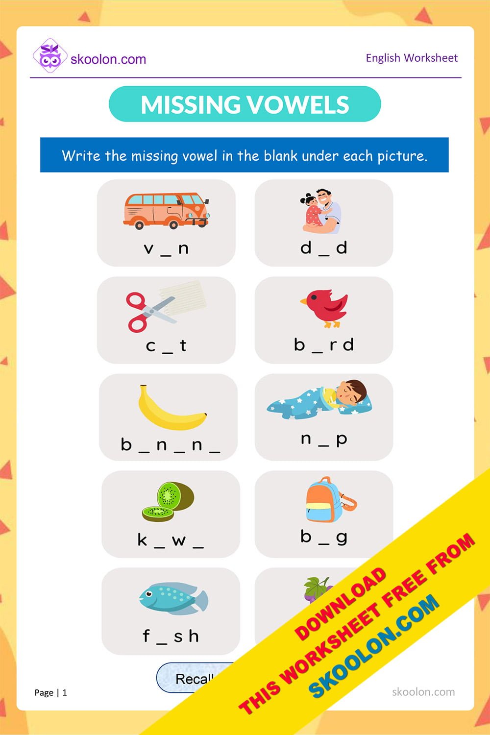 Missing Vowel Worksheet-2 - skoolon.com