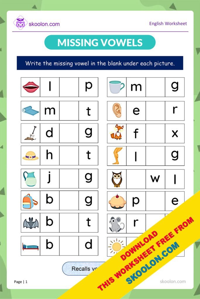 Missing Vowel Worksheet-3 - skoolon.com