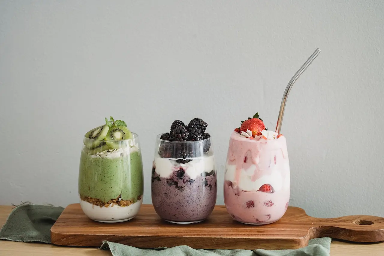 Assorted Yogurt Shake with Fresh Fruits on Clear Glasses