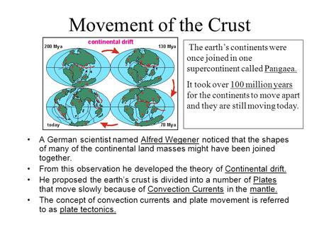 Movement of the Crust A German scientist named Alfred Wegener noticed that the shapes of many of the continental land masses might have been joined together.