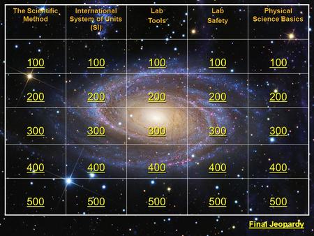 The Scientific Method International System of Units (SI) LabToolsLabSafety Physical Science Basics 100 200 300 400 500 Final Jeopardy.