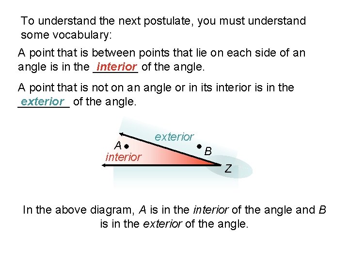 To understand the next postulate, you must understand some vocabulary: A point that is