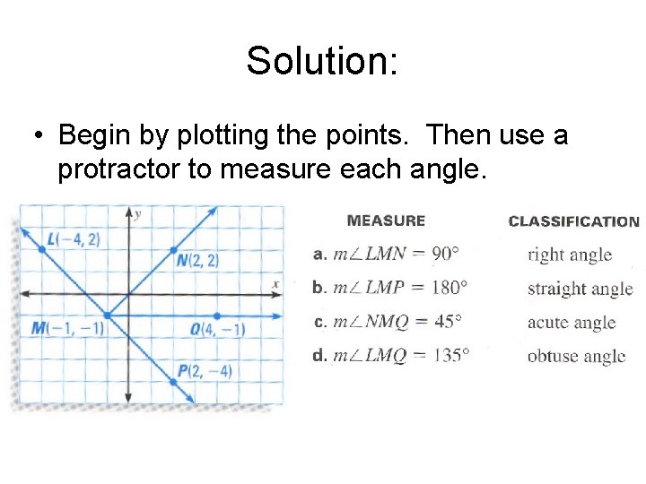 Solution: • Begin by plotting the points. Then use a protractor to measure each