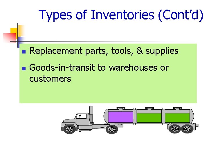 Types of Inventories (Cont’d) n n Replacement parts, tools, & supplies Goods-in-transit to warehouses