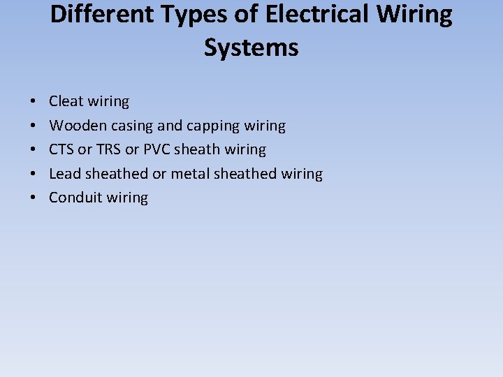 Different Types of Electrical Wiring Systems • • • Cleat wiring Wooden casing and