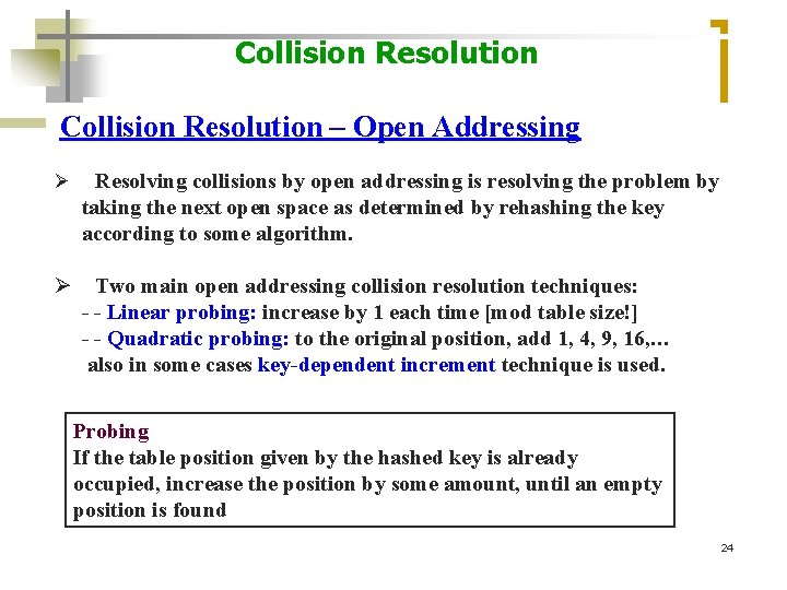 Collision Resolution – Open Addressing Resolving collisions by open addressing is resolving the problem