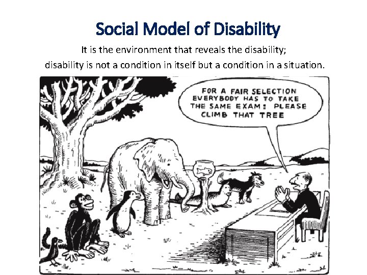 Social Model of Disability It is the environment that reveals the disability; disability is