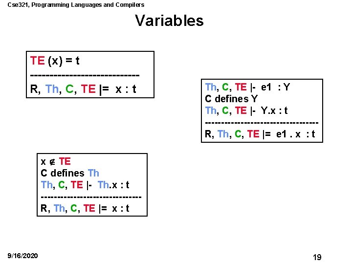 Cse 321, Programming Languages and Compilers Variables TE (x) = t --------------R, Th, C,