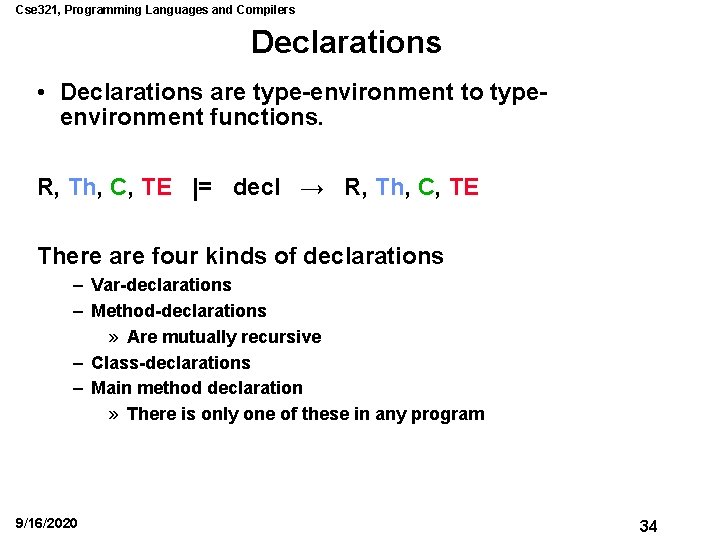 Cse 321, Programming Languages and Compilers Declarations • Declarations are type-environment to typeenvironment functions.