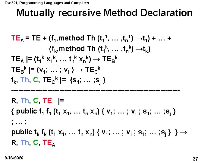 Cse 321, Programming Languages and Compilers Mutually recursive Method Declaration TEA = TE +