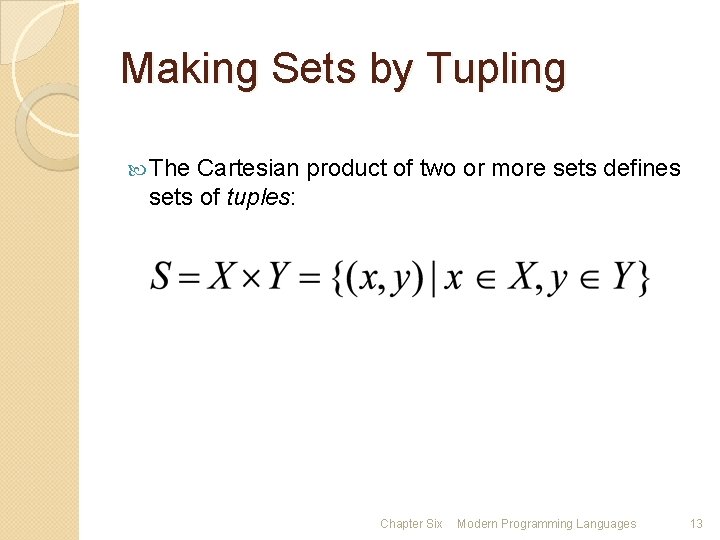 Making Sets by Tupling The Cartesian product of two or more sets defines sets