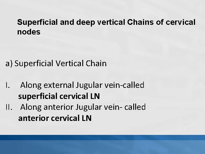 Superficial and deep vertical Chains of cervical nodes a) Superficial Vertical Chain I. Along