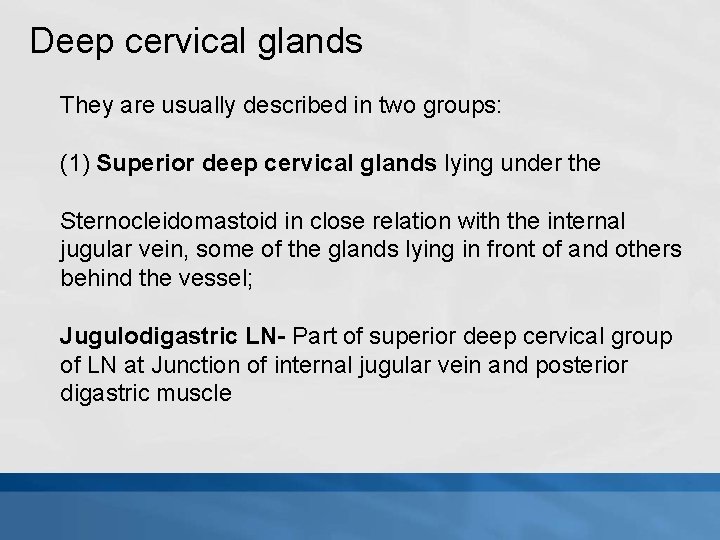 Deep cervical glands They are usually described in two groups: (1) Superior deep cervical