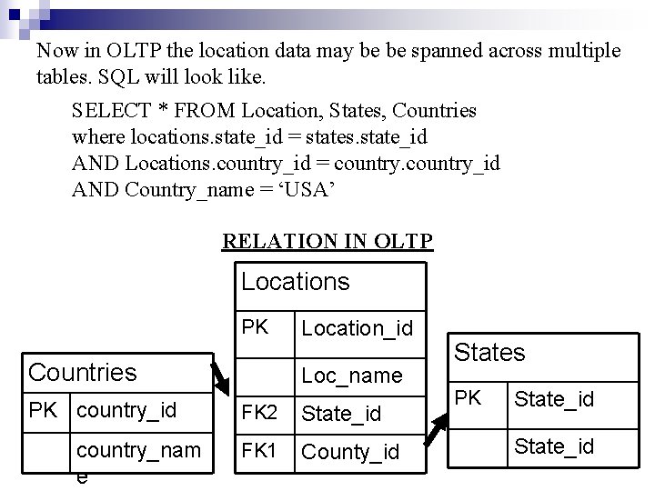 Now in OLTP the location data may be be spanned across multiple tables. SQL