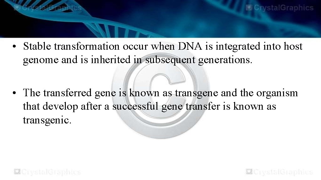  • Stable transformation occur when DNA is integrated into host genome and is