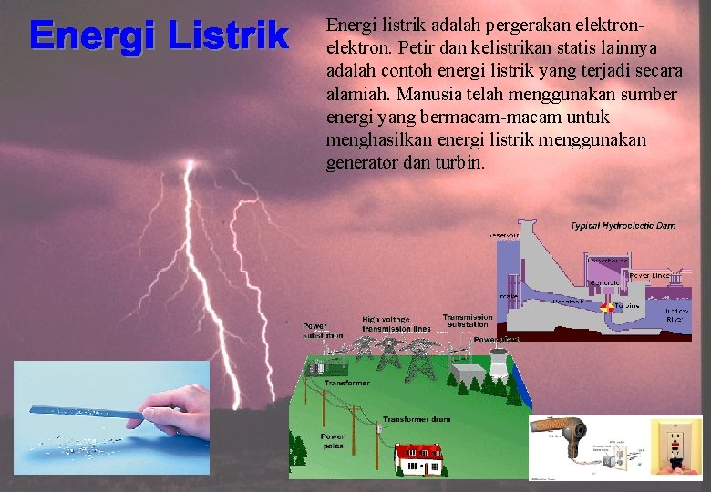 Energi listrik adalah pergerakan elektron. Petir dan kelistrikan statis lainnya adalah contoh energi listrik