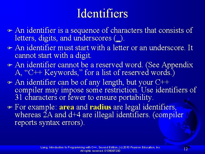 Identifiers An identifier is a sequence of characters that consists of letters, digits, and