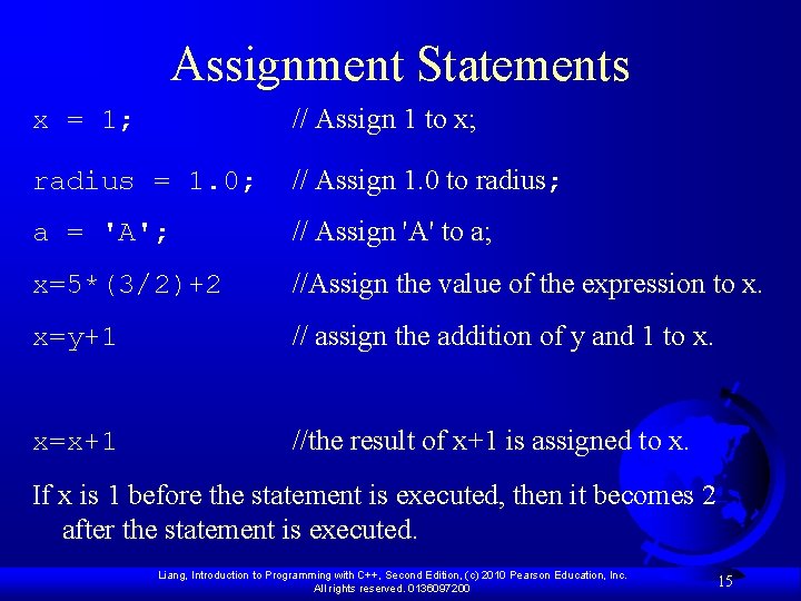 Assignment Statements x = 1; // Assign 1 to x; radius = 1. 0;