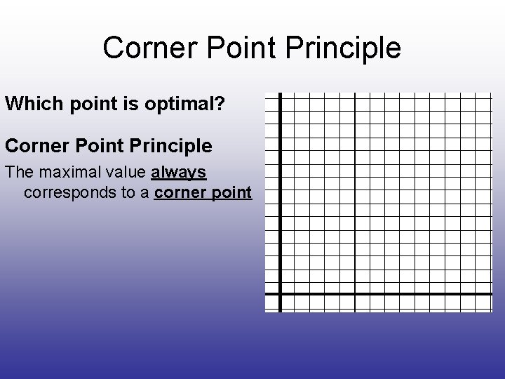 Corner Point Principle Which point is optimal? Corner Point Principle The maximal value always