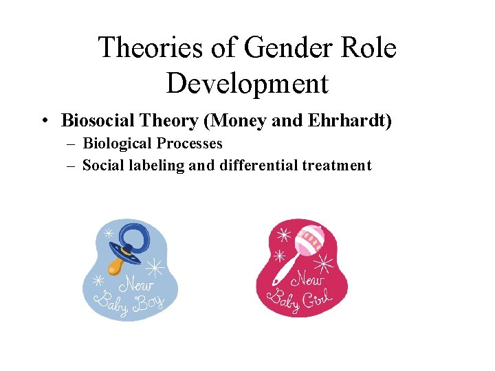 Theories of Gender Role Development • Biosocial Theory (Money and Ehrhardt) – Biological Processes