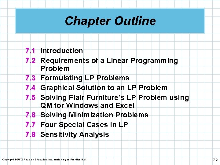 Chapter Outline 7. 1 Introduction 7. 2 Requirements of a Linear Programming Problem 7.