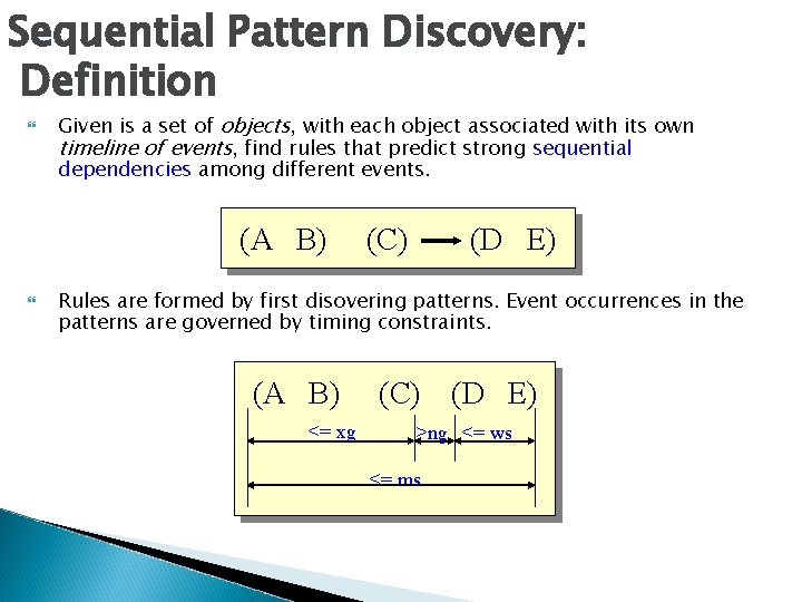 Sequential Pattern Discovery: Definition Given is a set of objects, with each object associated