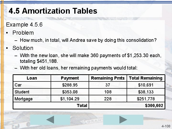 4. 5 Amortization Tables Example 4. 5. 6 • Problem – How much, in